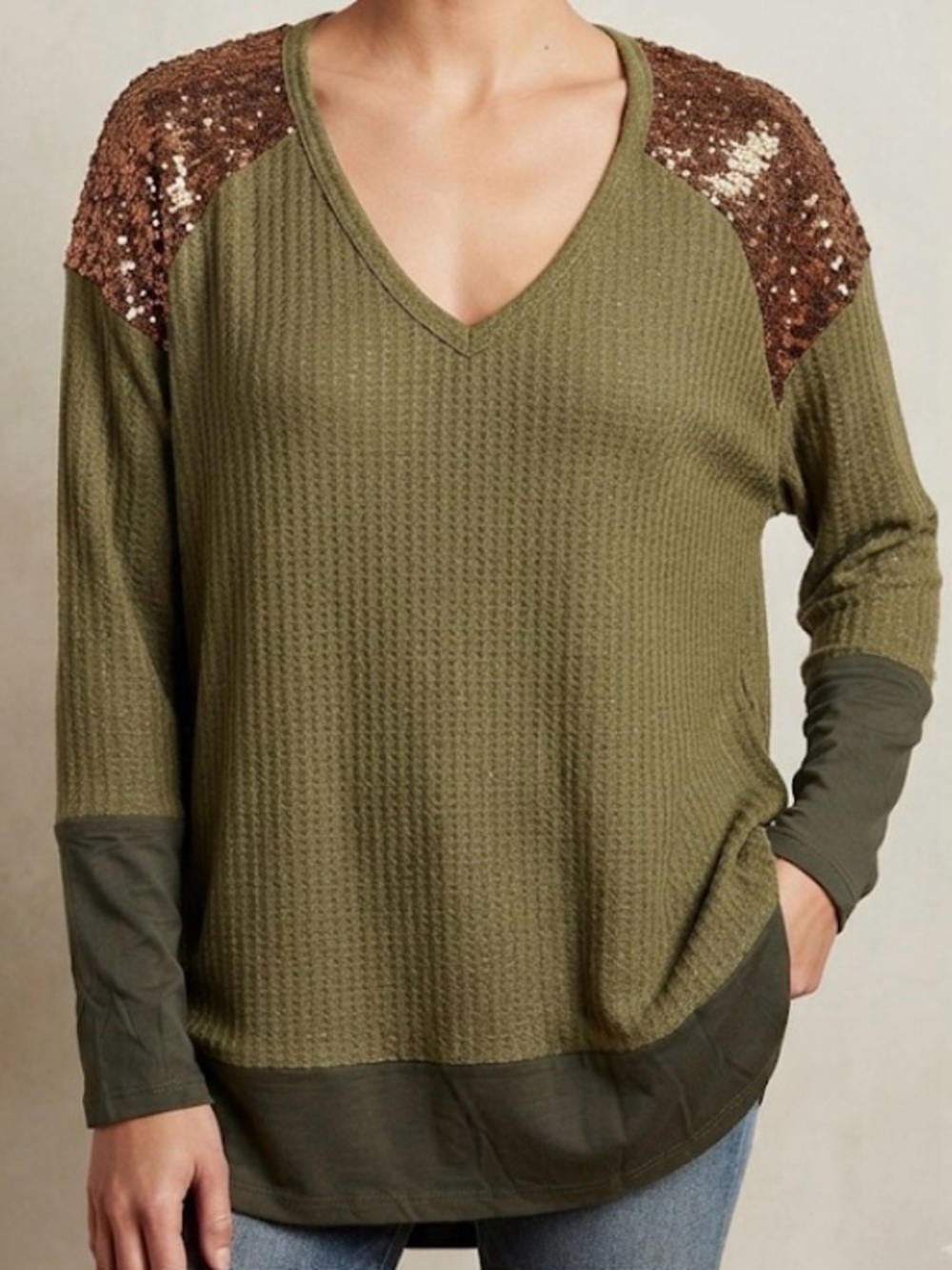 Umgee Olive Waffle Knit V-Neck Top with Brown Sequin Accents